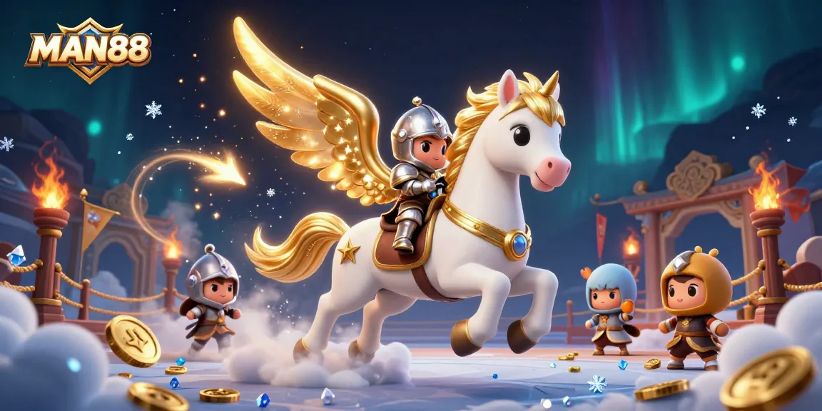Experience the thrilling betting adventure at MAN88 with a 3D knight on a celestial horse amidst vibrant gaming elements.