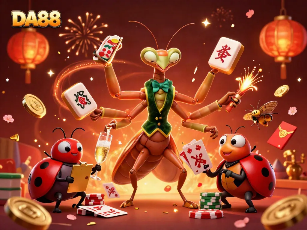 Experience thrilling casino action with DA88's giant mantis dealer and ladybug pit boss in a vibrant celebration scene.