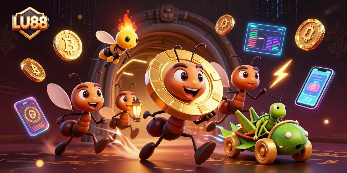 Join the excitement at LU88 as you witness ants carrying giant poker chips, surrounded by vibrant cryptocurrency elements.