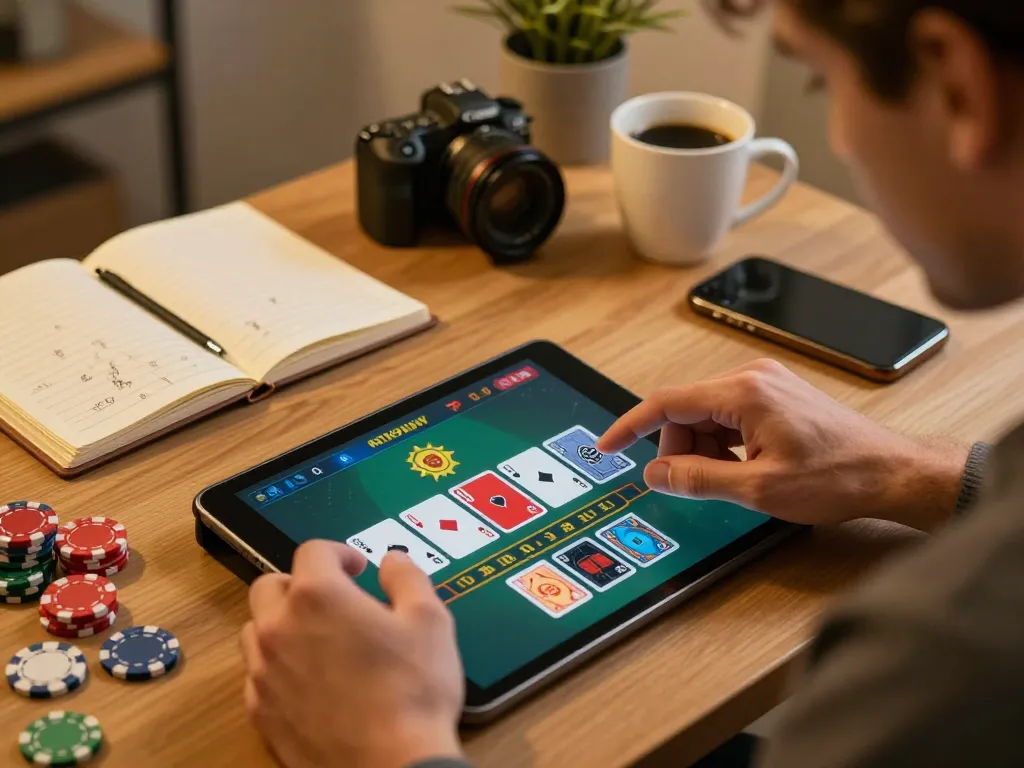 Player strategizing in HITCLUB blackjack online game on tablet in cozy home office.