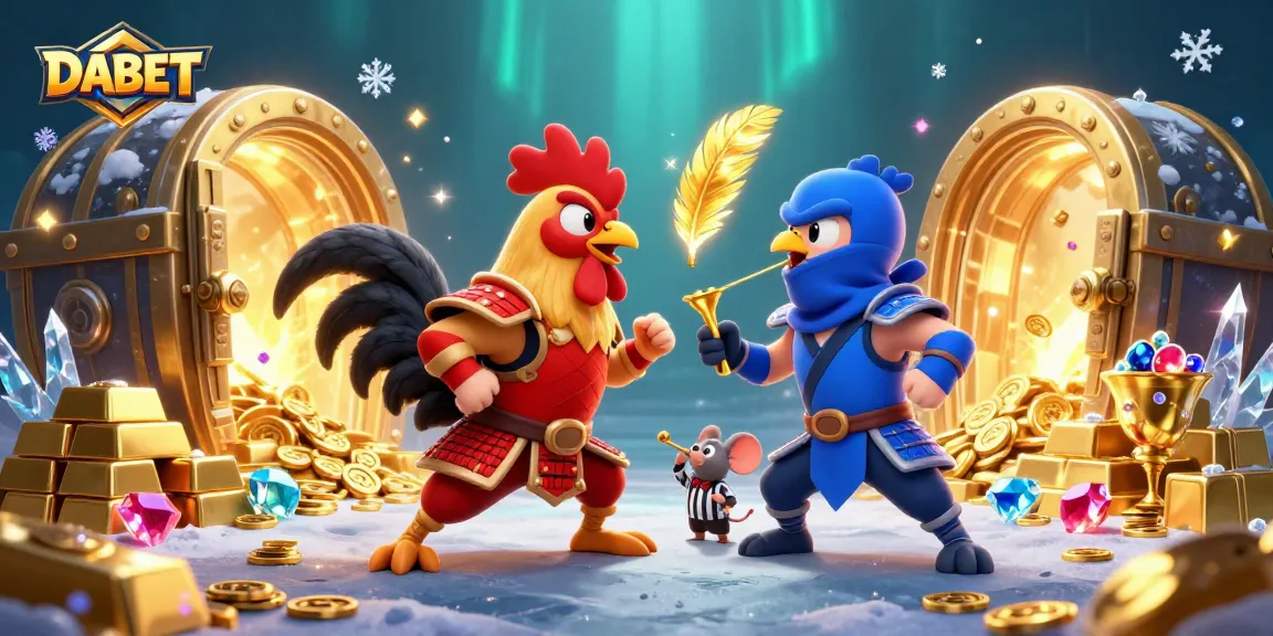 DABET showcases an intense battle between cartoon roosters amidst golden treasures and vibrant casino elements.