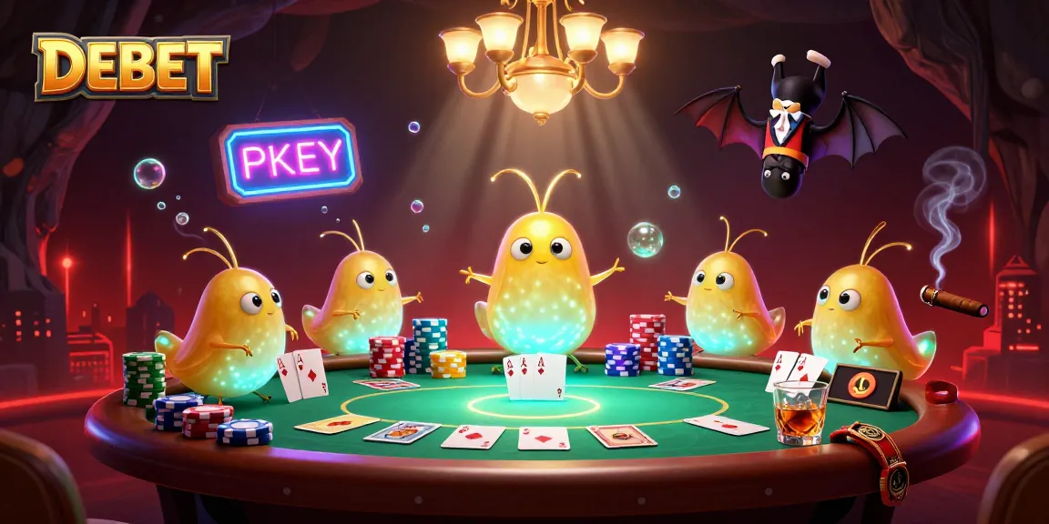 Experience the excitement of DEBET as glowworms illuminate a vibrant casino scene filled with poker elements.