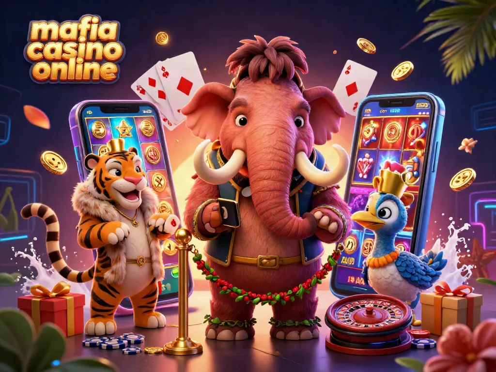 Mafia casino online features a dynamic 3D scene with animated characters and slot gaming elements.