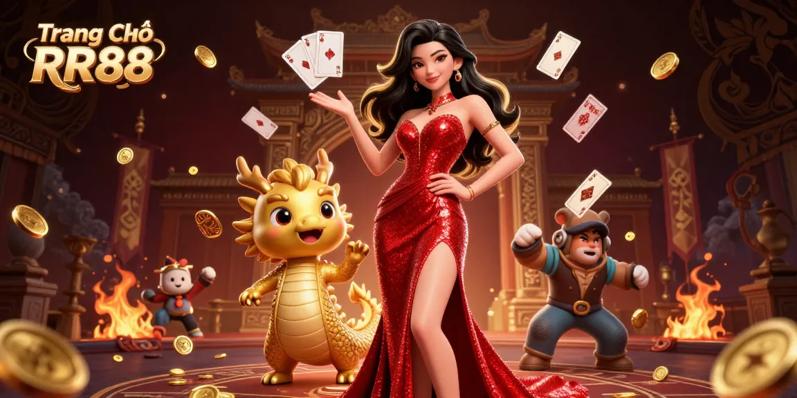 Engage with the dynamic world of Trang Chủ RR88 casino, featuring a welcoming Asian host and vibrant gaming elements.