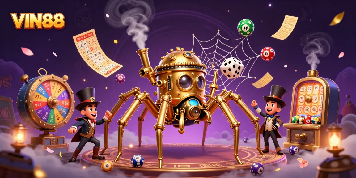 Win big with VIN88 in this vibrant 3D illustration of a steampunk casino adventure.