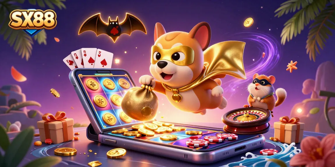SX88 engages players with vibrant images of a superhero dog and hamster amidst dynamic casino elements, showcasing a thrilling gaming experience.