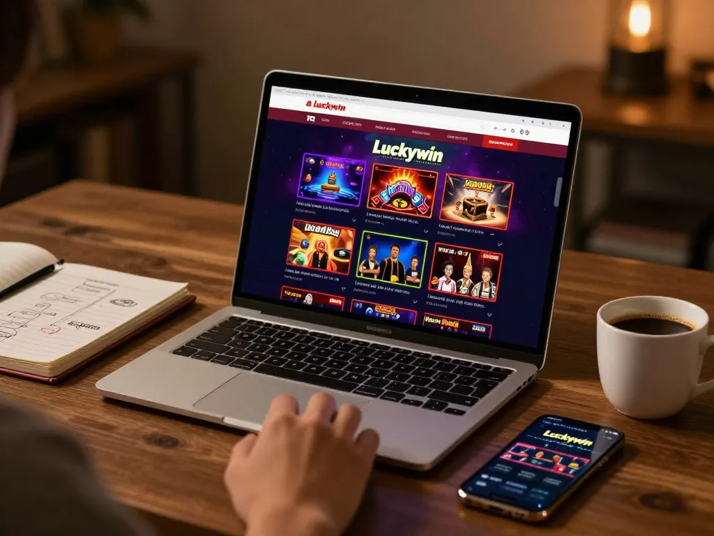 Engaging with Luckywin trang chủ through a laptop in a cozy setting enhances online gambling experience.