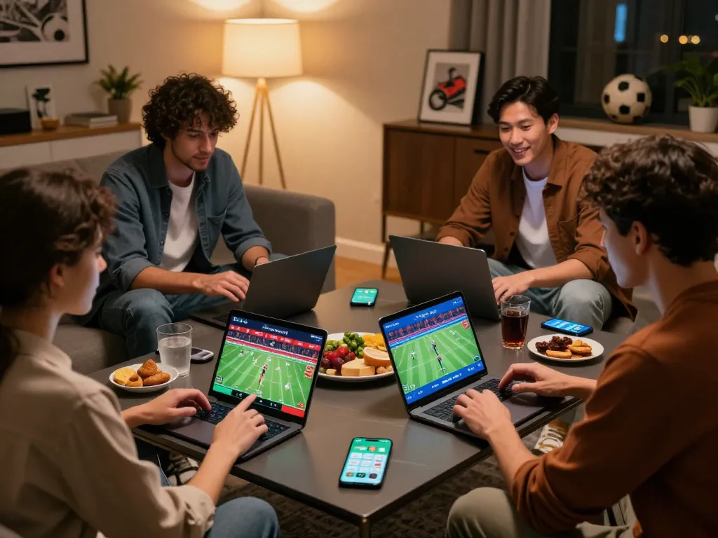 Soi keo nha cai while friends enjoy interactive sports betting setup during game night
