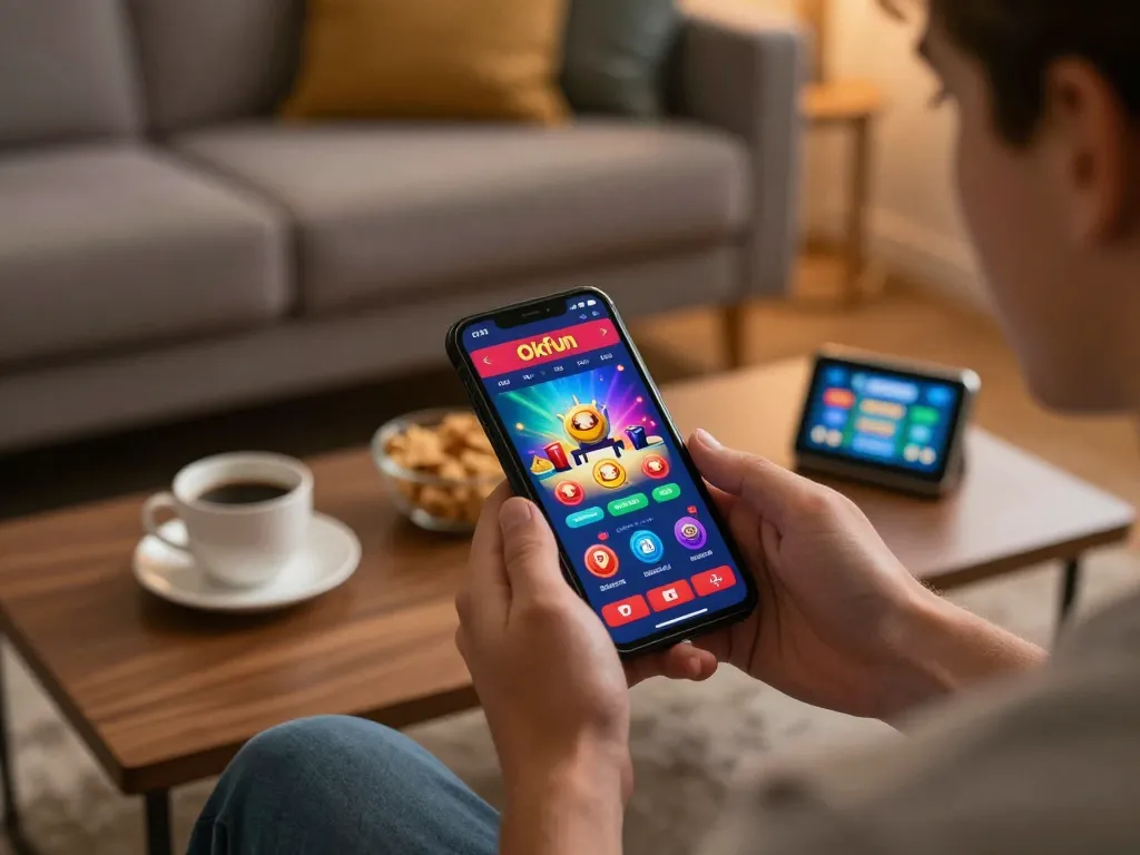Engaging user explores the Okfun app for online casino gaming on a mobile device, highlighting comfortable atmosphere and strategic play.