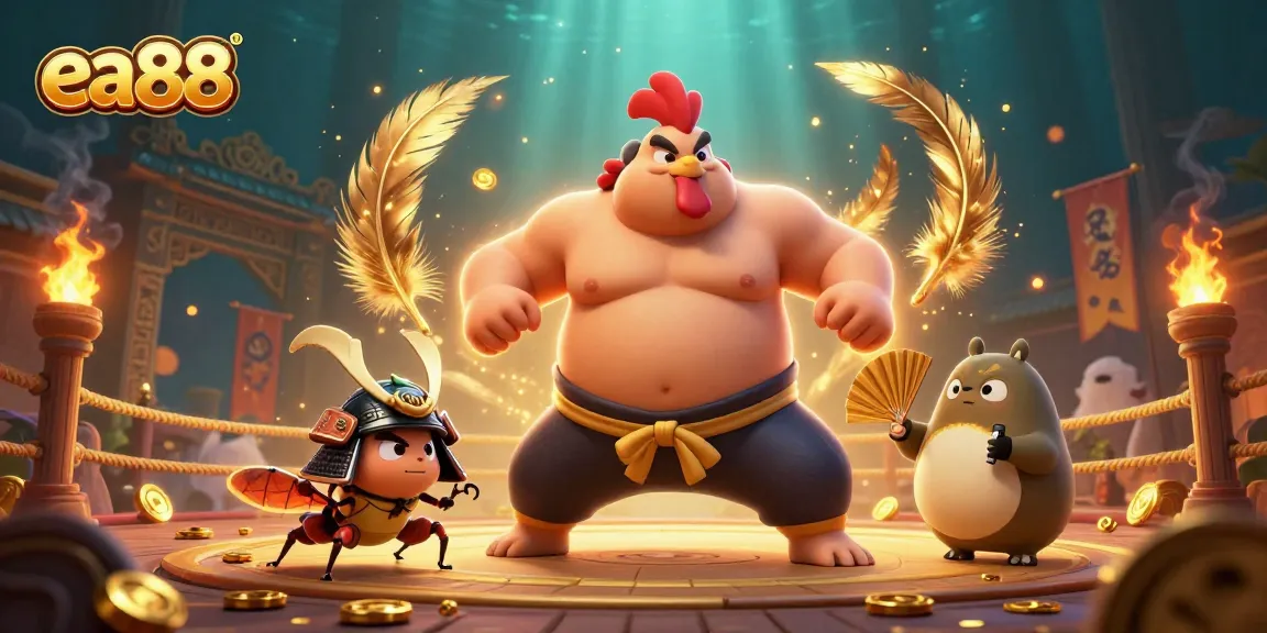 Experience thrilling action at ea88 with a powerful sumo wrestler and energetic characters in a vibrant gambling environment.