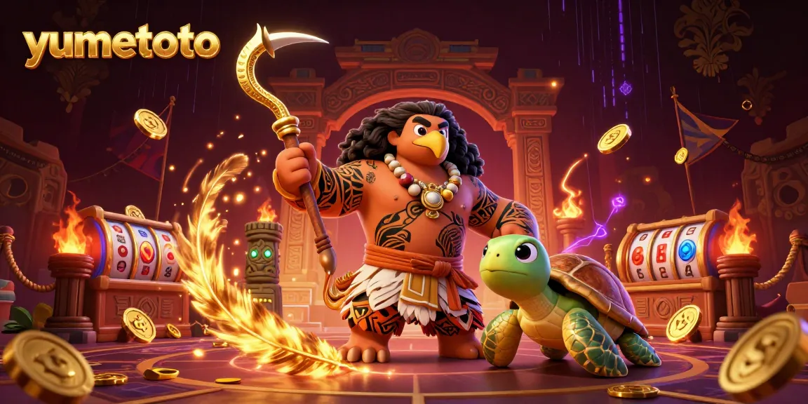 Engage in thrilling slots action at yumetoto with vibrant 3D illustration of characters and casino elements.