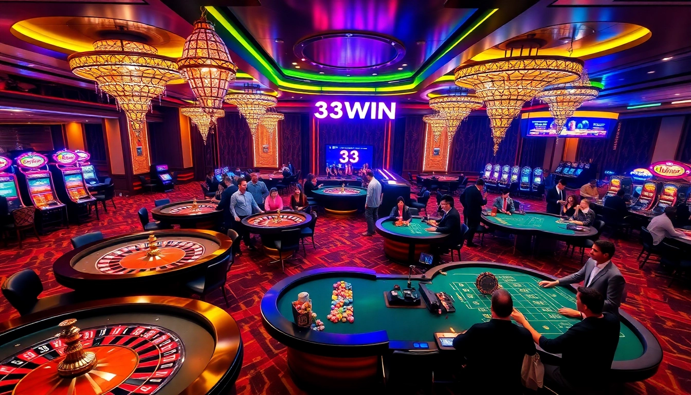 Betting at 33WIN casino with vibrant tables and enthusiastic players in action.