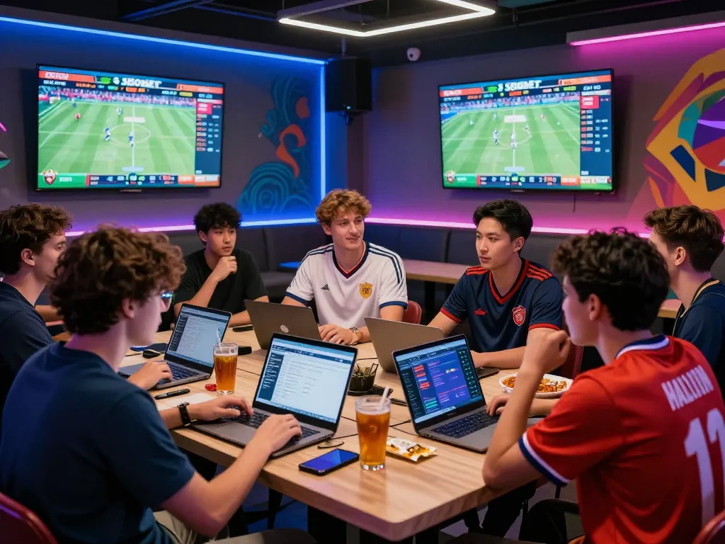 Group of friends enjoying SBOBET sports betting action in a vibrant gaming lounge.