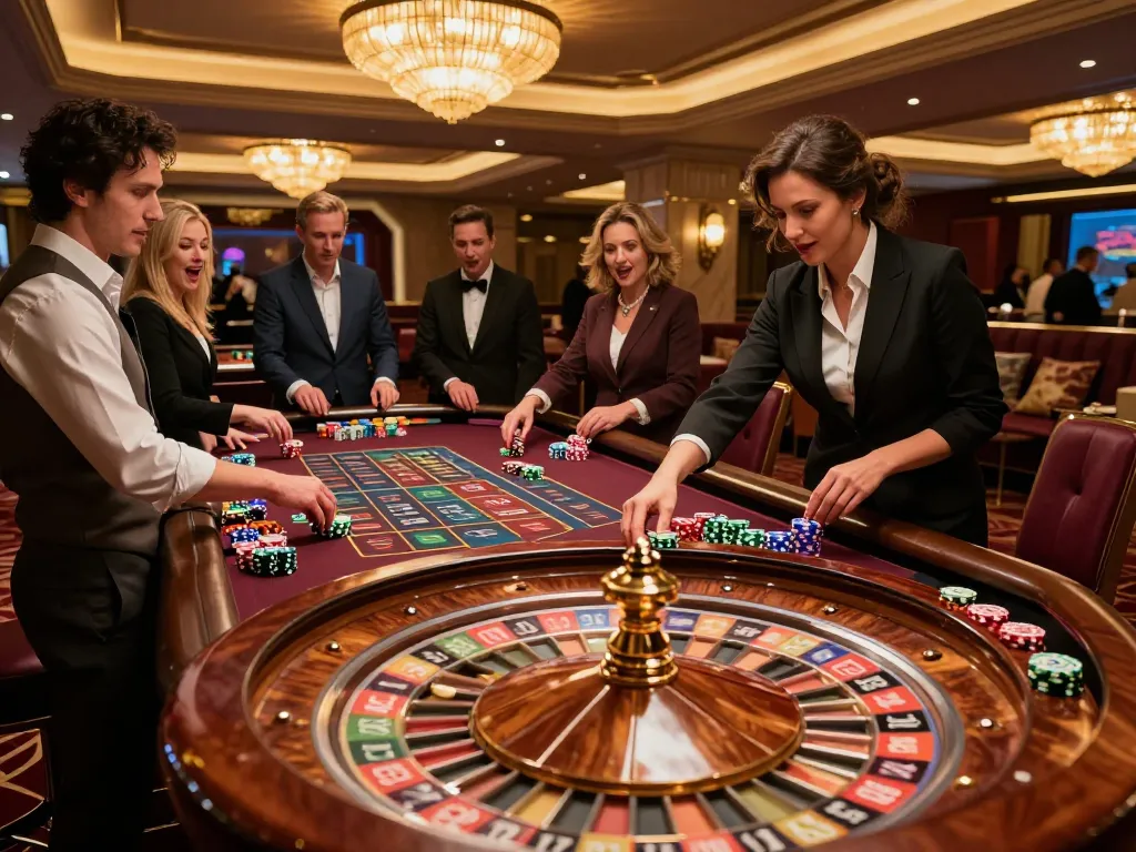 b52 club players placing bets at an elegant roulette table using colorful chips in a luxurious casino setting