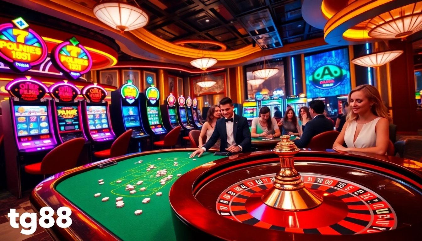 Experience the thrill of gambling at tg88 with a vibrant casino atmosphere featuring slot machines and a roulette wheel.
