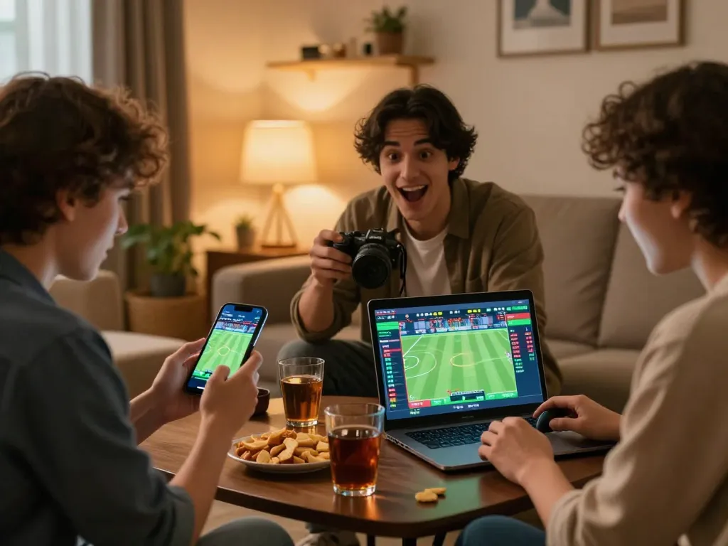 VA 88 users engaged in live sports betting excitement on devices in a cozy setting