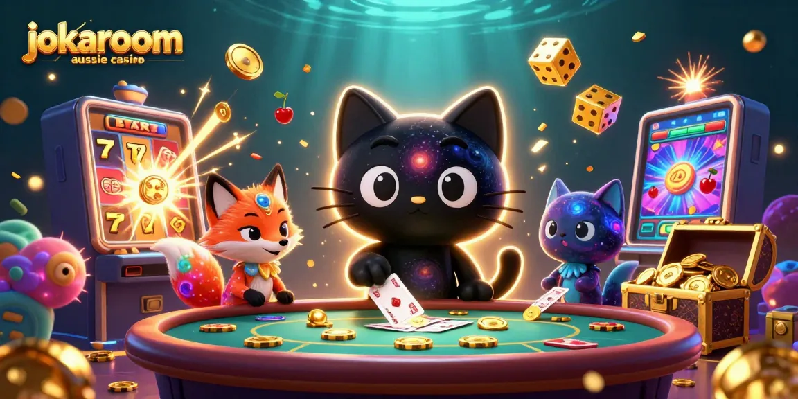 Experience gaming excitement at jokaroom aussie casino with a vibrant cosmic scene of cartoon cat and fox.