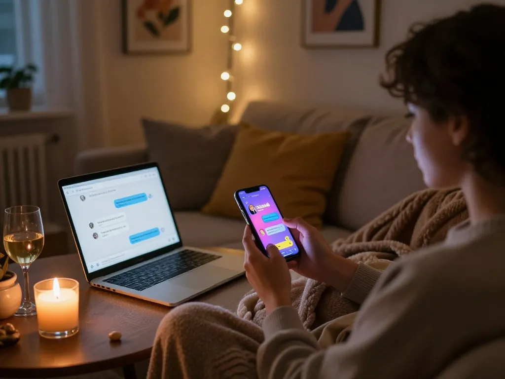 Engaging in sexting AI interactions in an intimate, cozy setting with a smartphone and romantic ambiance.