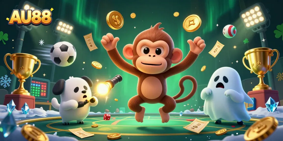 Experience the thrill of AU88 with a lively casino scene featuring gaming elements and characters for gamblers.