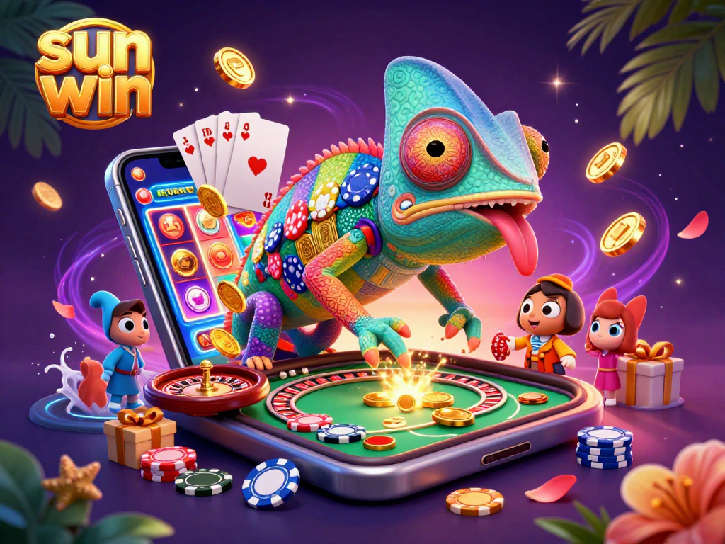 Experience the sun win magic with a vibrant casino scene featuring a chameleon and gaming excitement.