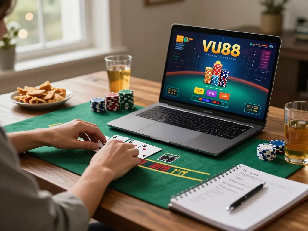 Player strategizing while enjoying VU88's live dealer blackjack session at home, upbeat atmosphere.