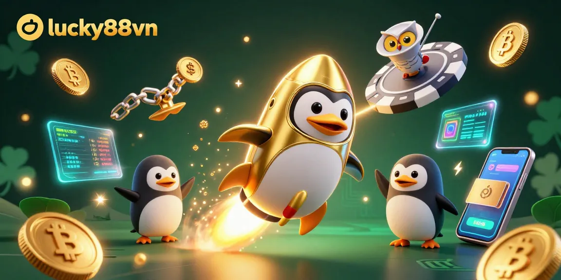 Engage with lucky88vn using a cosmic theme featuring a rocket-powered penguin and crypto elements.
