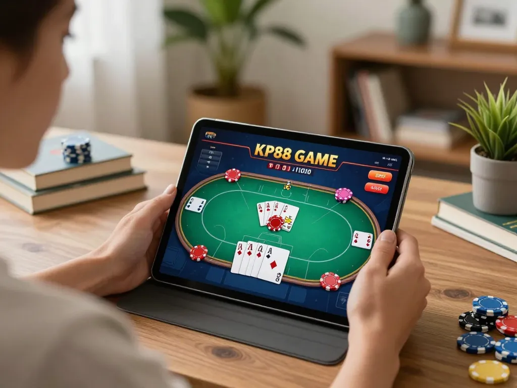 Engaging in KP88 GAME strategy during home poker night with stylish decor.