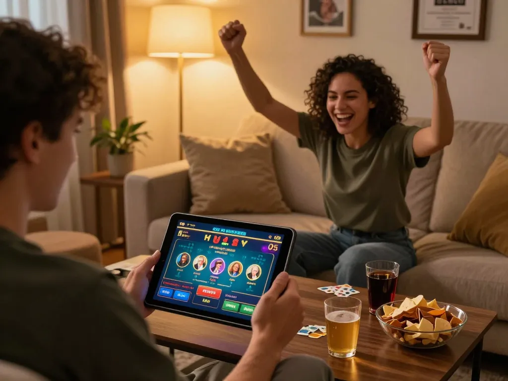 oxbet player celebrating a win while gaming on tablet in cozy living room