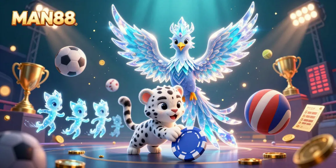 Experience the magic of MAN88 with an ice phoenix and gaming elements in a vibrant scene.