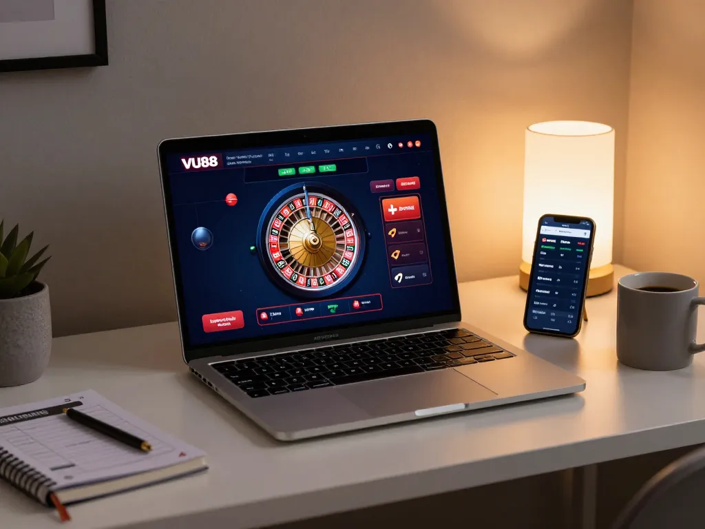 VU88 online gaming setup with laptop showing live casino and sports betting interface