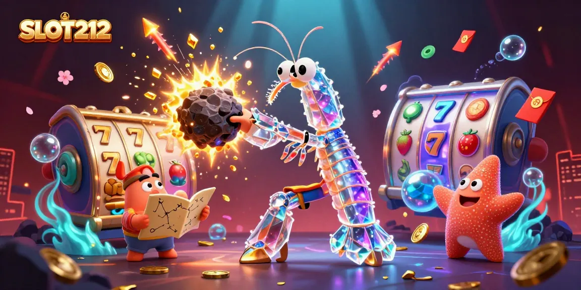 SLOT212 showcases a galactic samurai mantis shrimp battling toward treasure amidst floating slot reels in a vibrant casino scene.