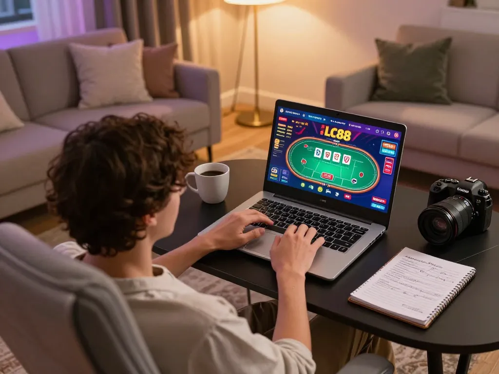 Engaging poker gameplay on lc88 online casino platform from a cozy home setup
