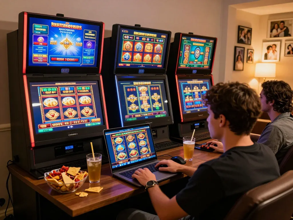 Engaging scene of online gaming at home, featuring a player immersed in slot games at s666 casino.