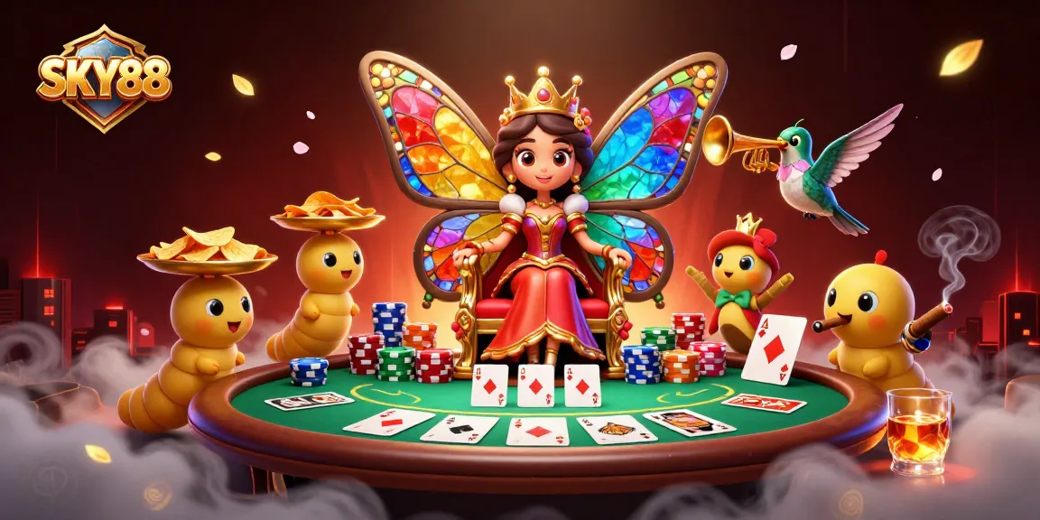 Engage with SKY88 at a vibrant casino, featuring dynamic game elements and characters.