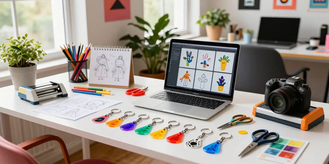 Creating unique custom keychains in a vibrant workspace filled with design samples and tools