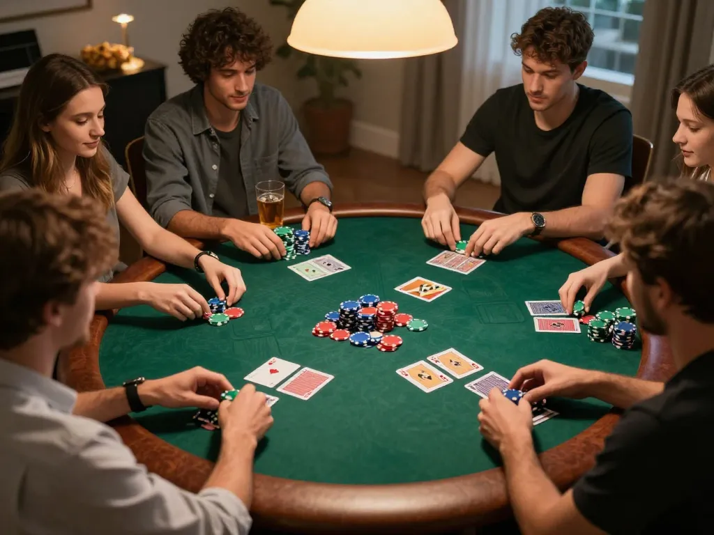 Friends playing poker at home, showcasing strategic gameplay in a relaxed atmosphere at https://fabet3.net/.