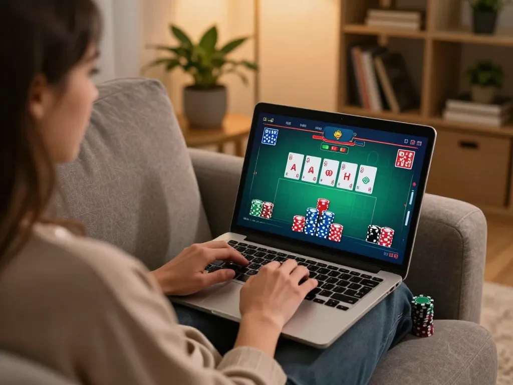 Playing poker online at https://gg88.art/ in a cozy living room setting with engaging gameplay.