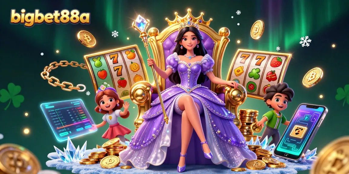 Engage with bigbet88a in a vibrant casino scene featuring a royal princess amidst slot machines and cryptocurrency.