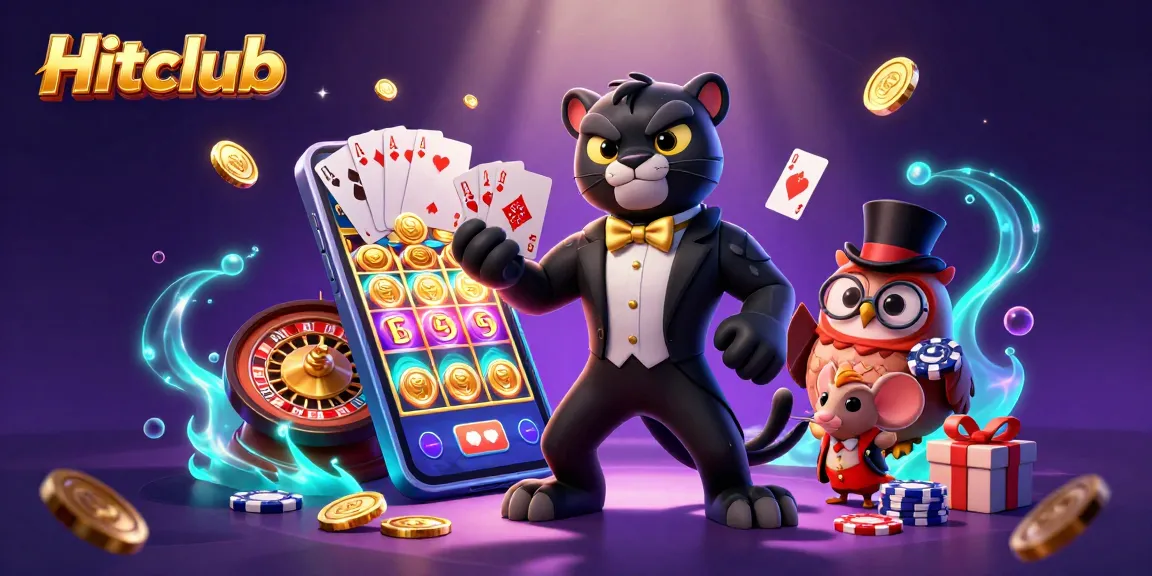 Hitclub's vibrant scene showcases a stylish panther dealer, majestic owl, and lucky mouse with exciting casino game elements.