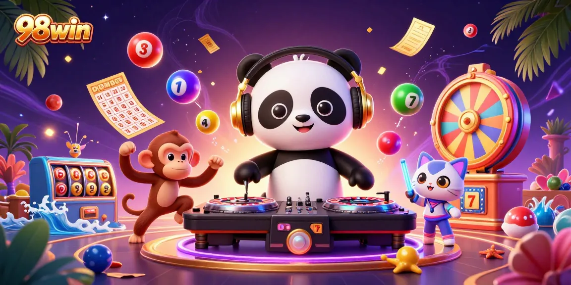 Experience thrilling 98win gambling excitement with colorful game elements in a vibrant casino scene.