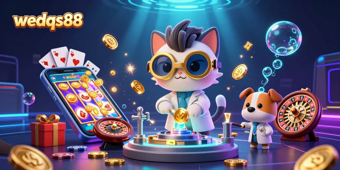 Play slots with wedqs88 featuring a mad scientist cat and dog creating a gold-coin machine in 3D.