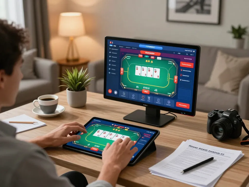 Engaging in online poker on a tablet, showcasing https://suncity.global/ interface in a cozy home setting
