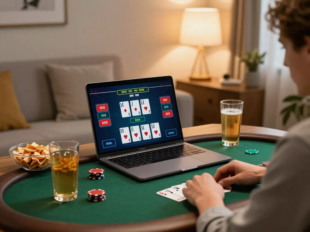 KU88 online poker gaming setup with cozy home environment and engaging gameplay.