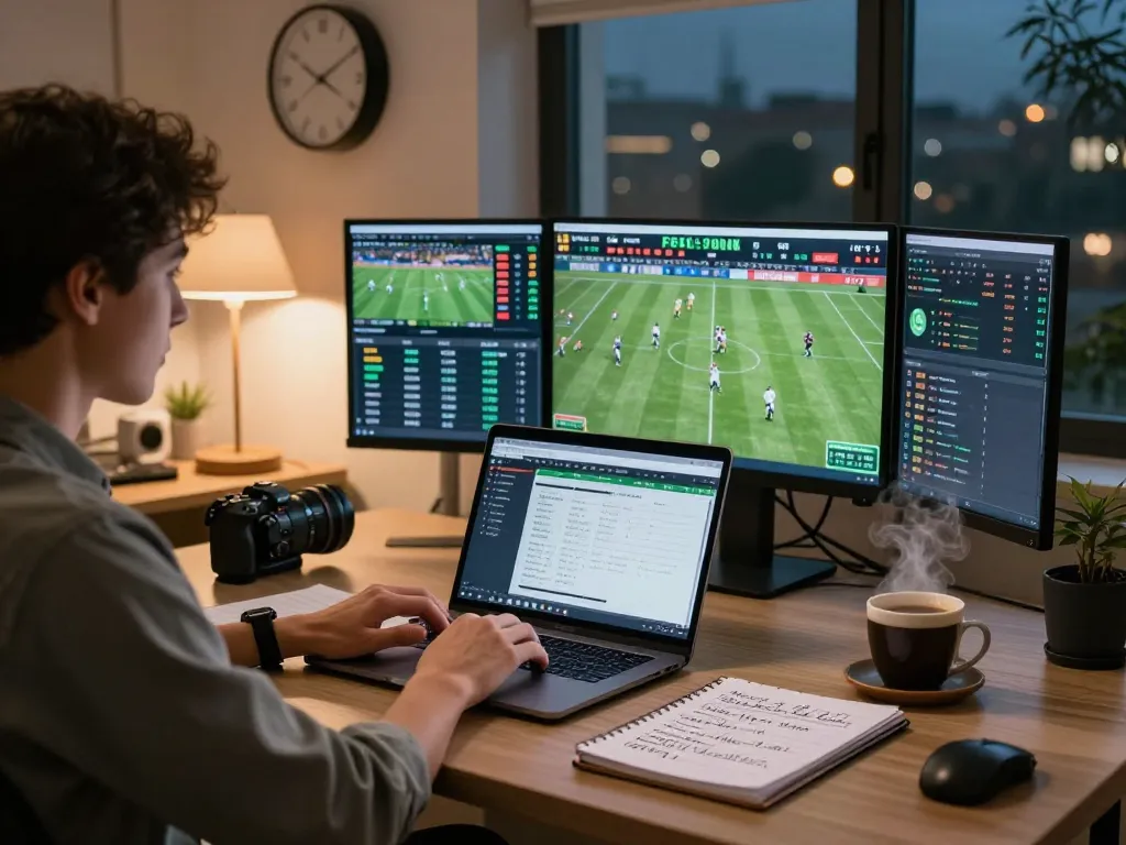 Focused analysis of keonhacai5 betting strategies in a cozy home office, surrounded by sports stats and game updates.