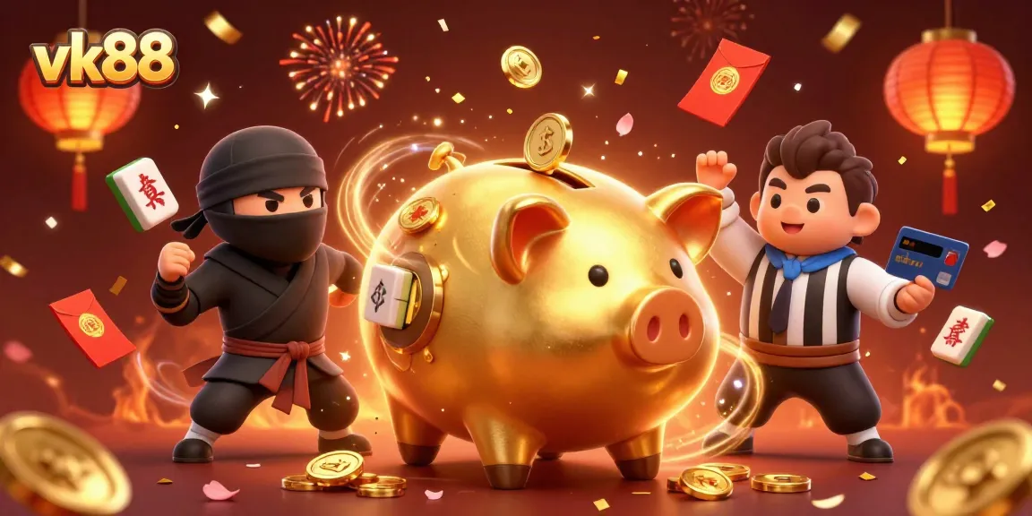 Engaging vk88 scene with a golden piggy bank sumo wrestler amidst vibrant casino elements.