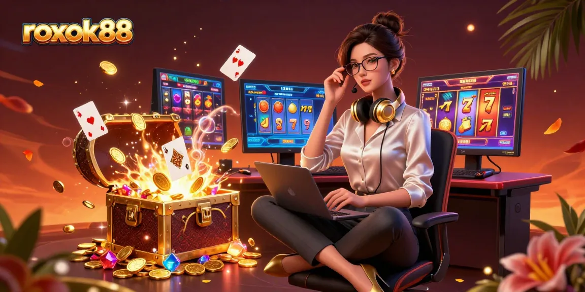 Experience the excitement of rokok88 with vibrant slots, gold coins, and a stylish gamer at the center.