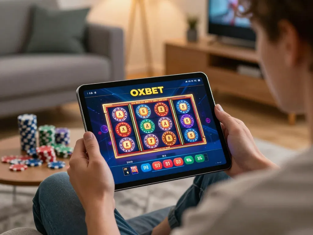 Engaged player exploring Oxbet casino app on tablet during cozy home gaming session.