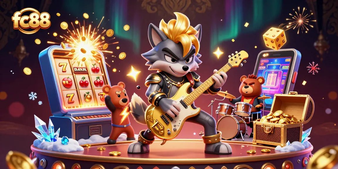 Win big at fc88 while a rock star wolf performs on a vibrant casino stage.