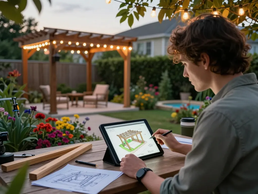 Pergola 3D planner in action, designer creating a custom pergola in a tranquil outdoor garden setting.