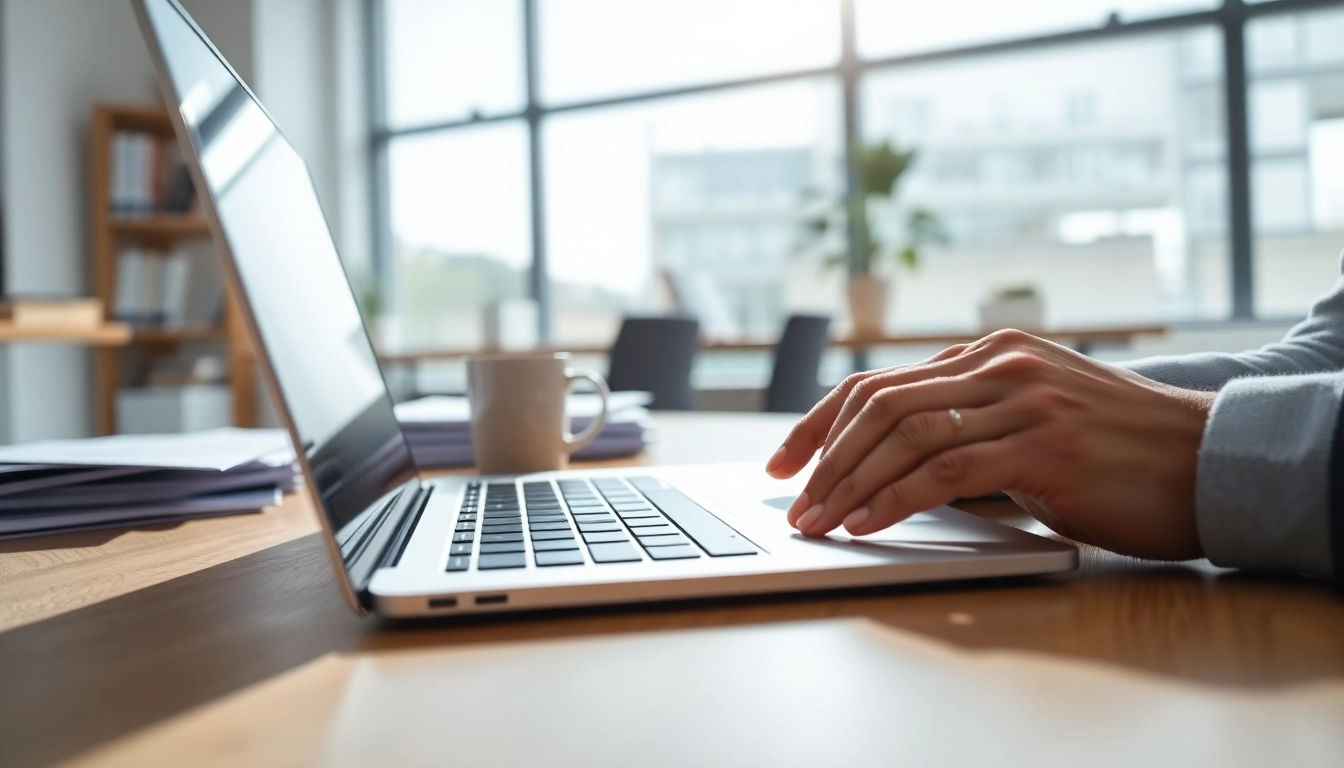 Completing the eta uk application form at a modern desk with bright lighting.